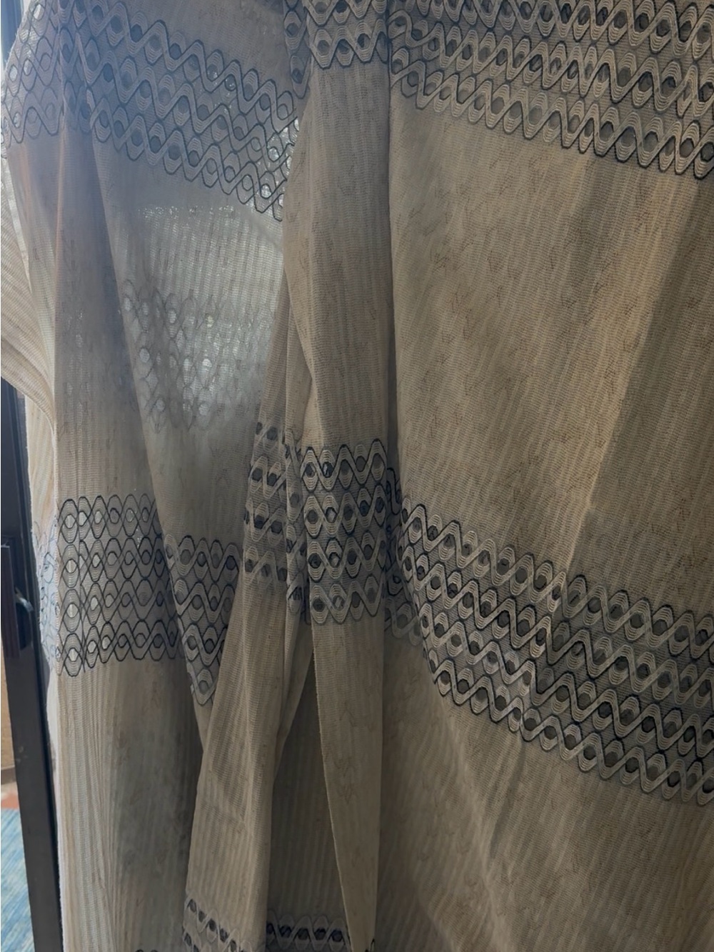 Sheer Beige Curtain Panels with Navy Embroidered Trim (4 long, 2 valance)